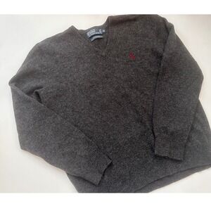 Polo Ralph Lauren Mens 100% Lambs Wool V-Neck Sweater Charcoal Red Pony Size M